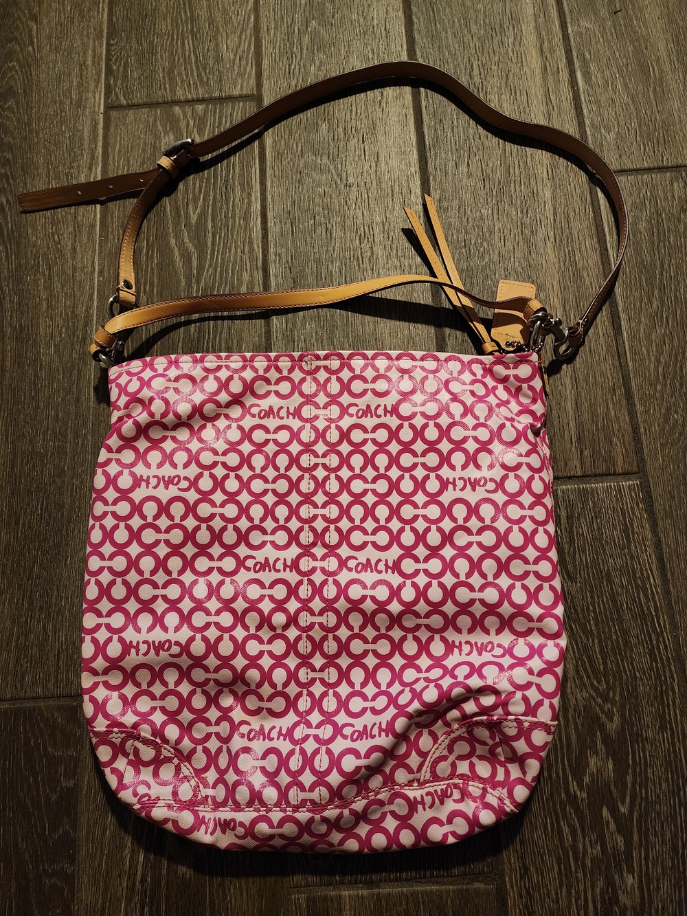 COACH Pink Signature Crossbody with Tan Strap